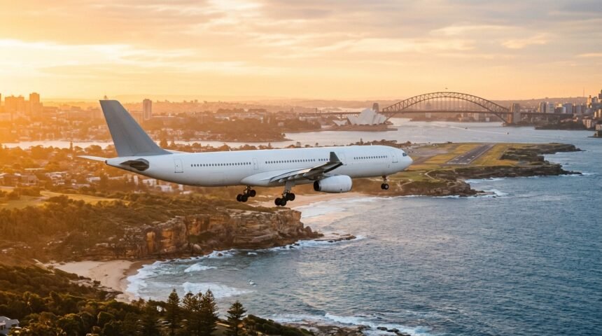 Wie lange fliegt man nach Australien: Flugzeug über der Küste von Sydney bei Sonnenaufgang
