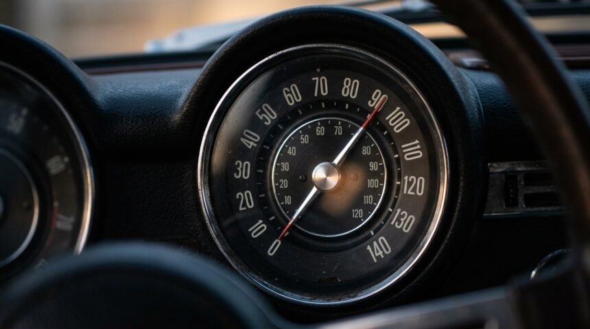 100 mph in kmh: Tachometer mit Skala in Meilen und Kilometern pro Stunde
