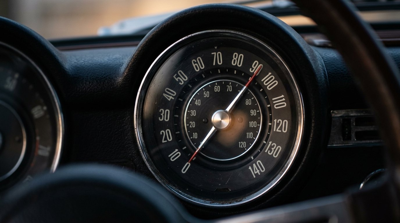 100 mph in kmh: Tachometer mit Skala in Meilen und Kilometern pro Stunde