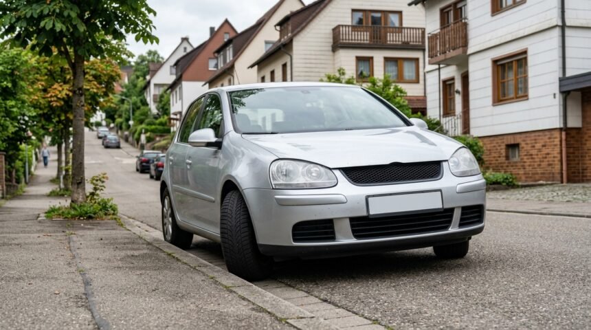 Pkw mit automatischer Kraftübertragung am Gefälle geparkt, Räder zum Bordstein eingeschlagen