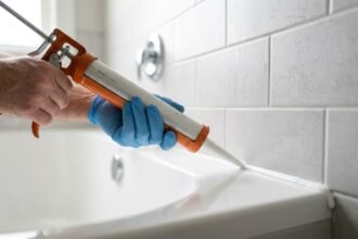Silikonfugen werden mit der Kartuschenpistole zwischen Wanne und Fliesen gezogen
