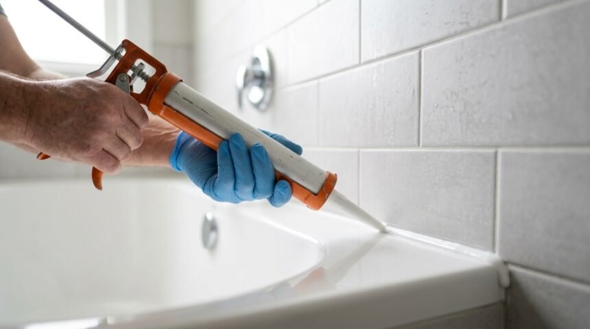 Silikonfugen werden mit der Kartuschenpistole zwischen Wanne und Fliesen gezogen