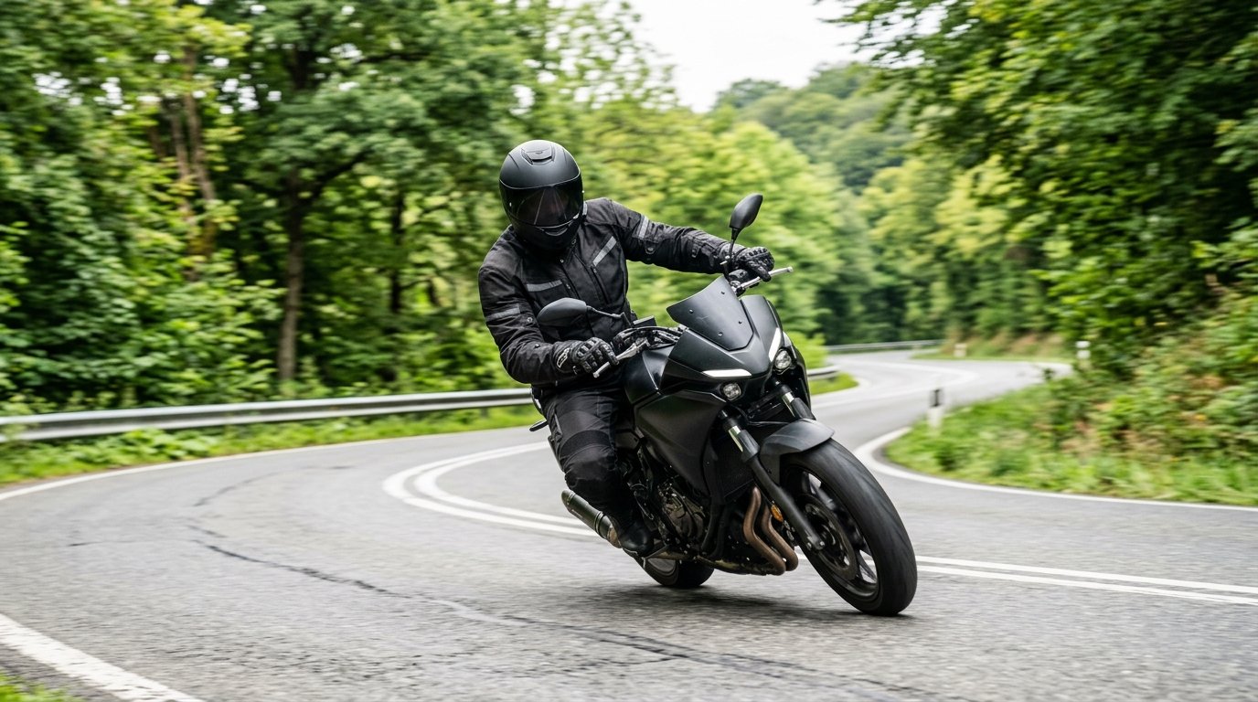 Motorradfahrer auf einer Landstraße in Schräglage, Schutzkleidung und Helm