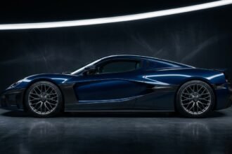 Hypercar in Seitenansicht vor dunklem Hintergrund (Symbolbild)