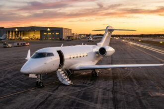 Privatjet auf dem Vorfeld eines Flughafens bei Sonnenuntergang
