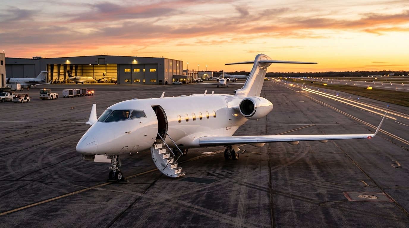 Privatjet auf dem Vorfeld eines Flughafens bei Sonnenuntergang