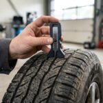 Reifenverschleiß gering halten: Profiltiefe eines Autoreifens wird geprüft