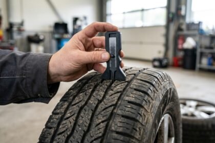 Reifenverschleiß gering halten: Profiltiefe eines Autoreifens wird geprüft