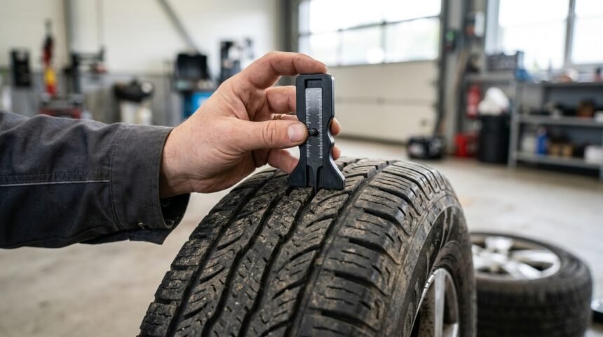 Reifenverschleiß gering halten: Profiltiefe eines Autoreifens wird geprüft