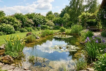 Naturnaher Gartenteich mit Wasserpflanzen und seichtem Uferbereich