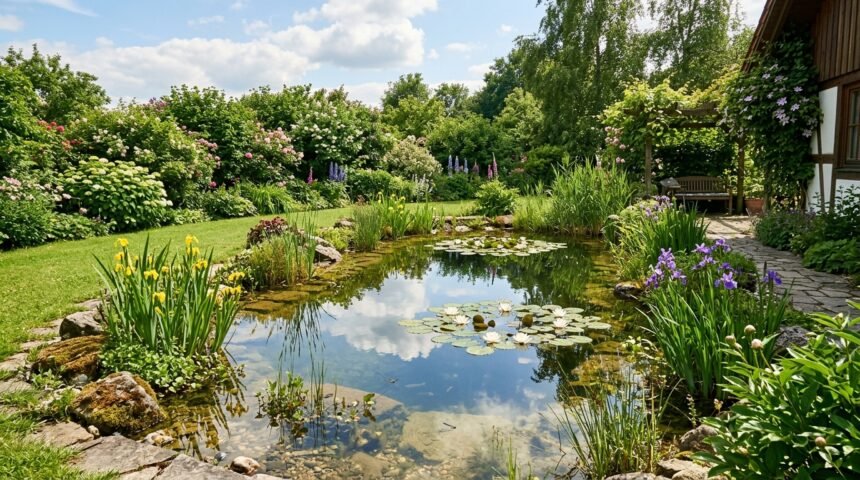Naturnaher Gartenteich mit Wasserpflanzen und seichtem Uferbereich