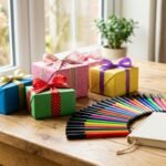 Coole Geschenke für 10-jährige Mädchen: bunt verpackte Geschenke auf einem Tisch mit Bastelmaterial