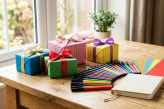 Coole Geschenke für 10-jährige Mädchen: bunt verpackte Geschenke auf einem Tisch mit Bastelmaterial