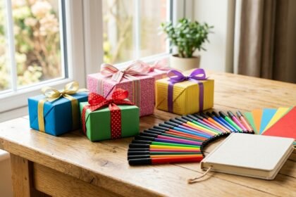 Coole Geschenke für 10-jährige Mädchen: bunt verpackte Geschenke auf einem Tisch mit Bastelmaterial