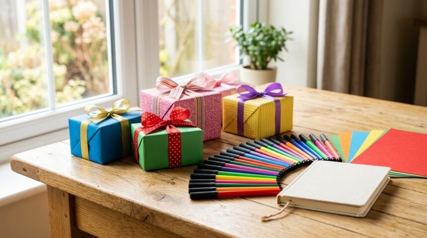 Coole Geschenke für 10-jährige Mädchen: bunt verpackte Geschenke auf einem Tisch mit Bastelmaterial