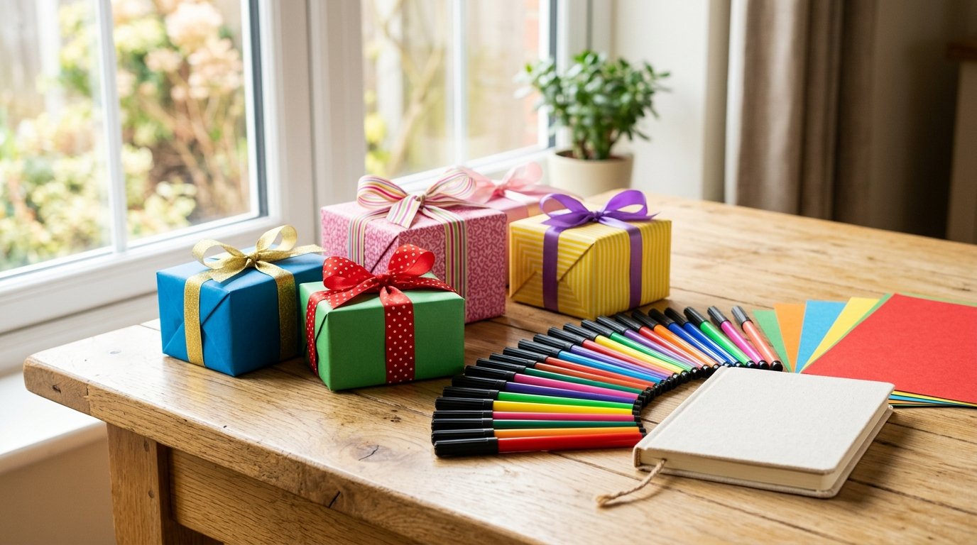 Coole Geschenke für 10-jährige Mädchen: bunt verpackte Geschenke auf einem Tisch mit Bastelmaterial