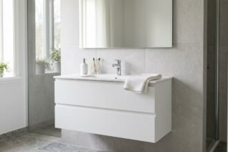 Waschtisch mit Unterschrank in 100 cm Breite an einer gefliesten Wand im Badezimmer