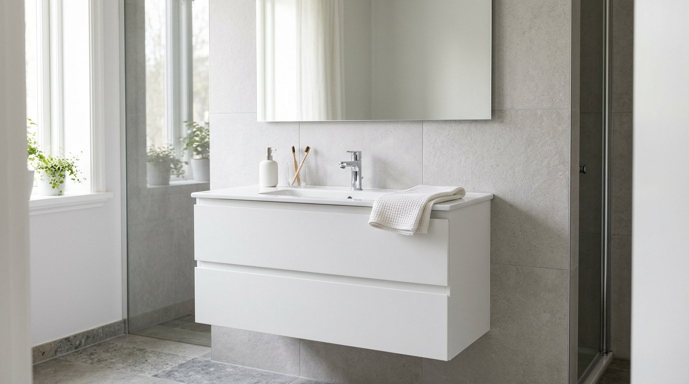 Waschtisch mit Unterschrank in 100 cm Breite an einer gefliesten Wand im Badezimmer