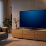 65-Zoll-Fernseher an einer Wohnzimmerwand mit Sideboard darunter