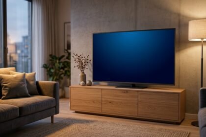 65-Zoll-Fernseher an einer Wohnzimmerwand mit Sideboard darunter