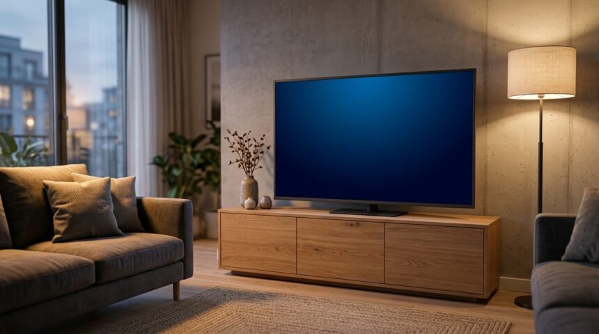 65-Zoll-Fernseher an einer Wohnzimmerwand mit Sideboard darunter