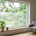 Sichtschutzfolie am Fenster eines Wohnzimmers mit Blick ins Grüne