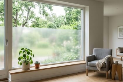 Sichtschutzfolie am Fenster eines Wohnzimmers mit Blick ins Grüne