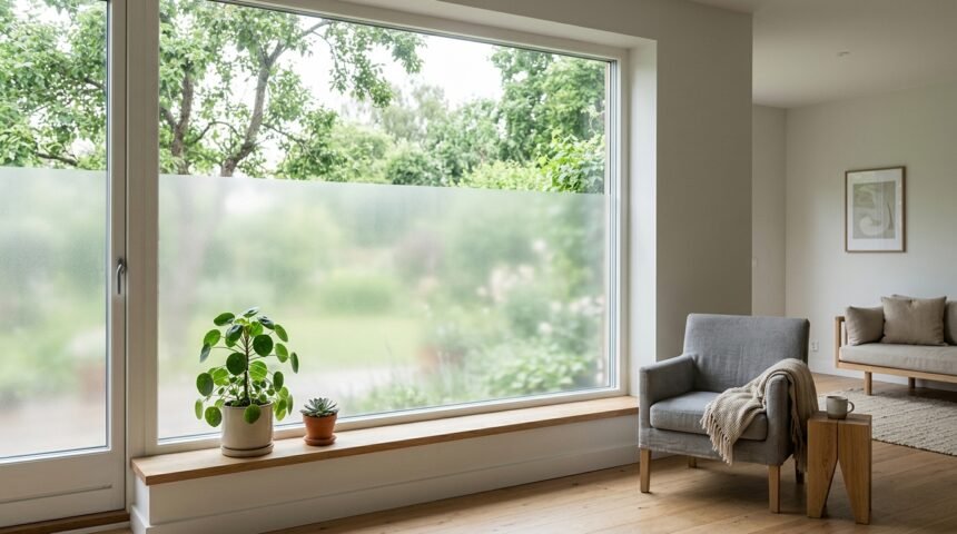 Sichtschutzfolie am Fenster eines Wohnzimmers mit Blick ins Grüne