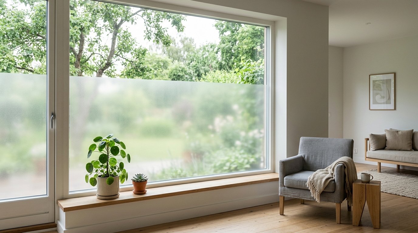 Sichtschutzfolie am Fenster eines Wohnzimmers mit Blick ins Grüne