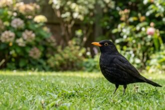 Amsel mit gelbem Schnabel auf einer Wiese im Garten