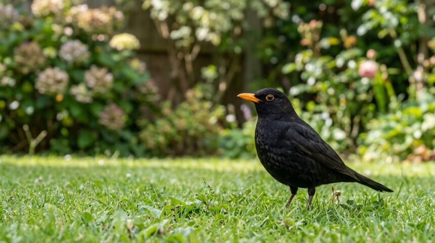 Amsel mit gelbem Schnabel auf einer Wiese im Garten