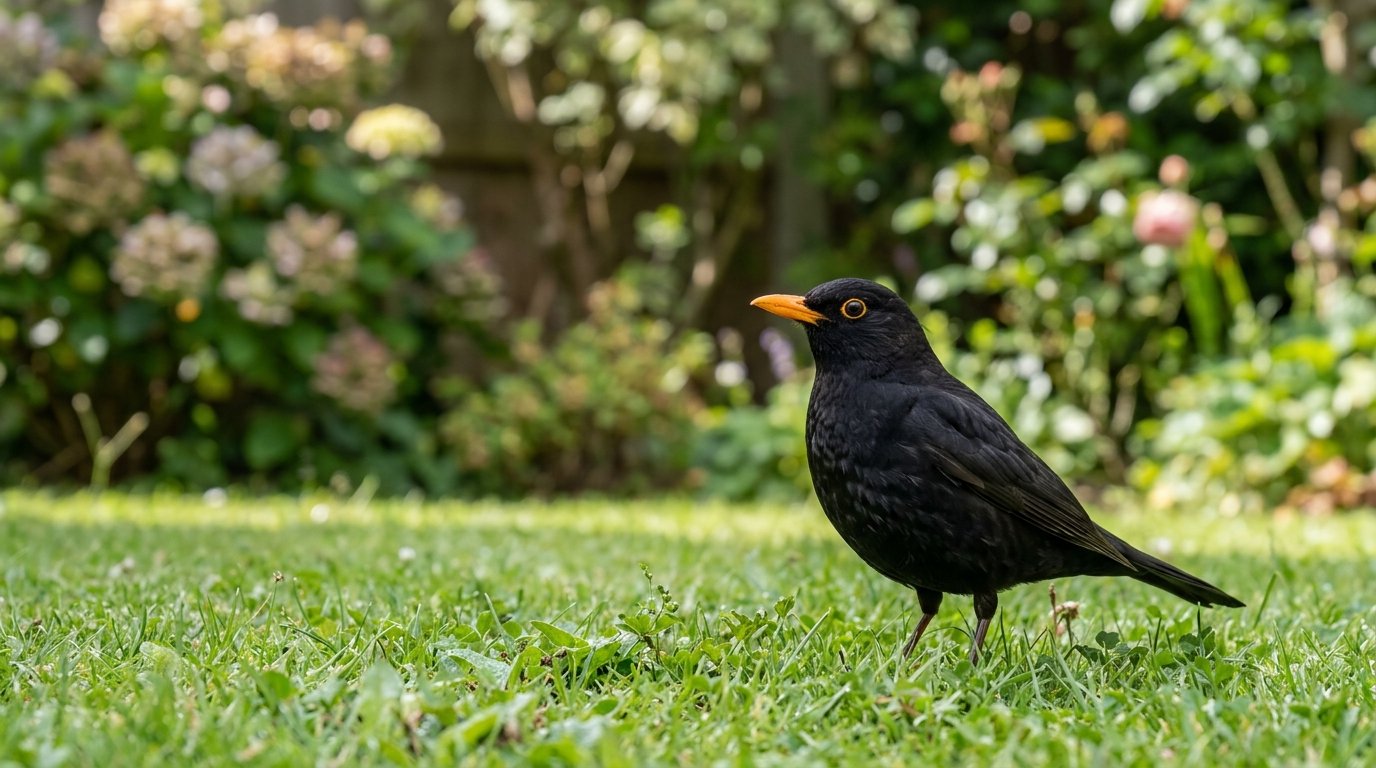 Amsel mit gelbem Schnabel auf einer Wiese im Garten