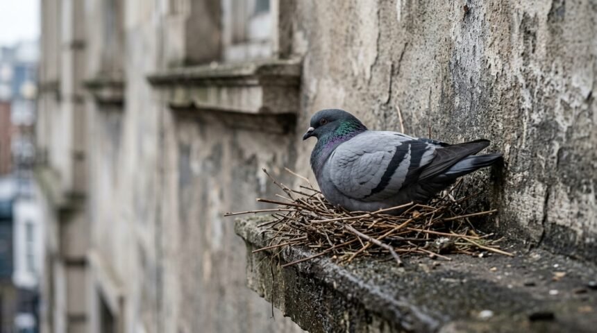 Taube sitzt auf einem Nest an einem Gebäudevorsprung