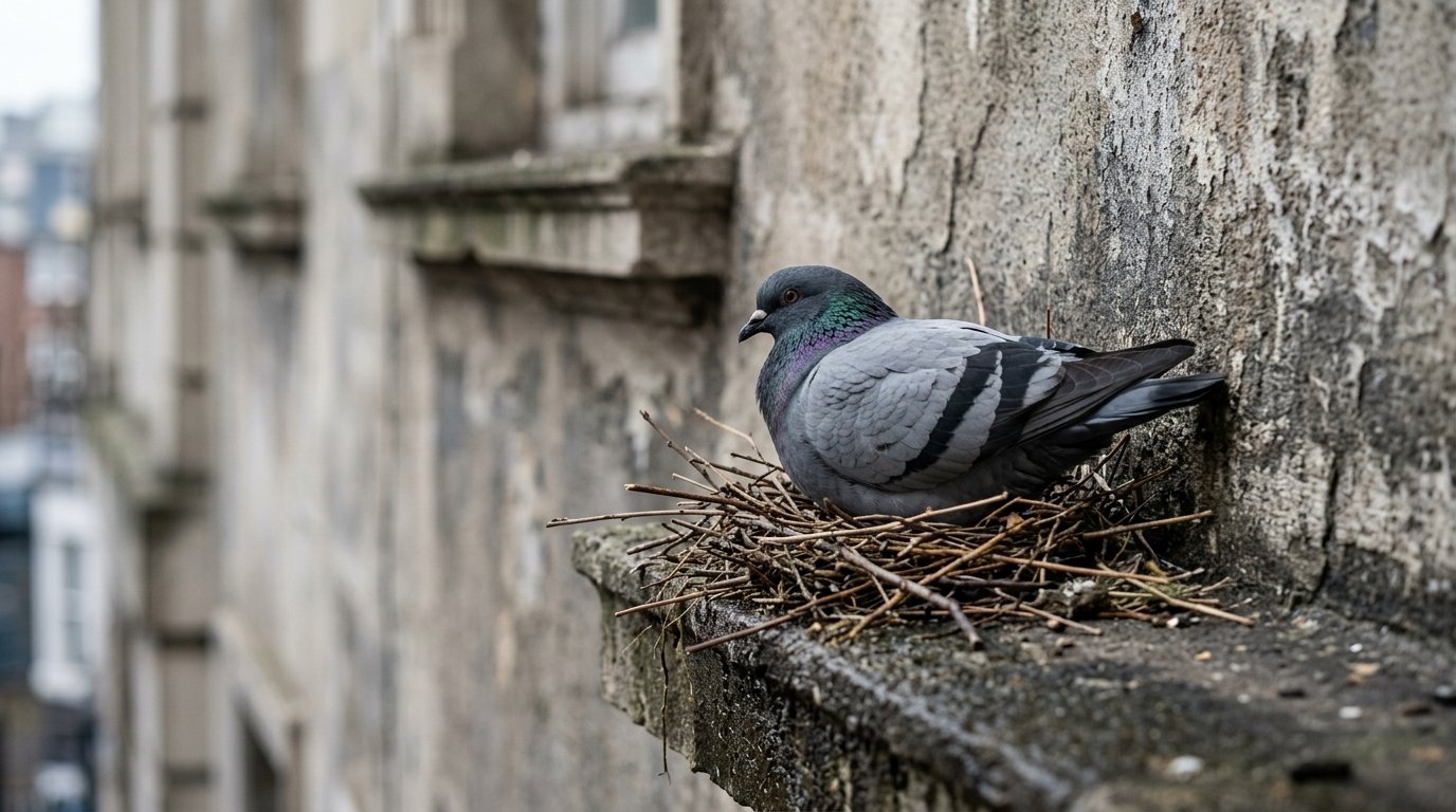 Taube sitzt auf einem Nest an einem Gebäudevorsprung