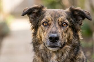 Hund schaut aufmerksam in die Kamera, Augen im Fokus