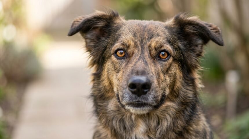 Hund schaut aufmerksam in die Kamera, Augen im Fokus