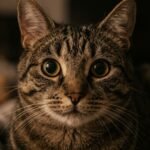 Katze mit weit geöffneten Pupillen schaut in die Kamera