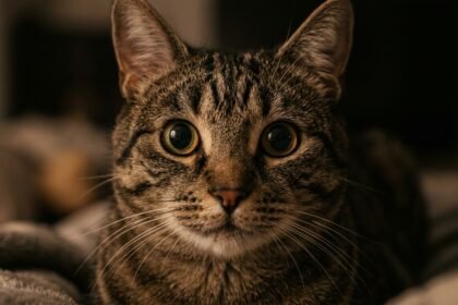 Katze mit weit geöffneten Pupillen schaut in die Kamera