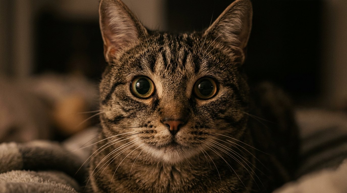 Katze mit weit geöffneten Pupillen schaut in die Kamera