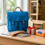 Geschenke für 6-jährige Mädchen: Geschenkpakete, Schulranzen und Buntstifte auf einem hellen Tisch