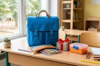 Geschenke für 6-jährige Mädchen: Geschenkpakete, Schulranzen und Buntstifte auf einem hellen Tisch