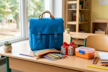 Geschenke für 6-jährige Mädchen: Geschenkpakete, Schulranzen und Buntstifte auf einem hellen Tisch