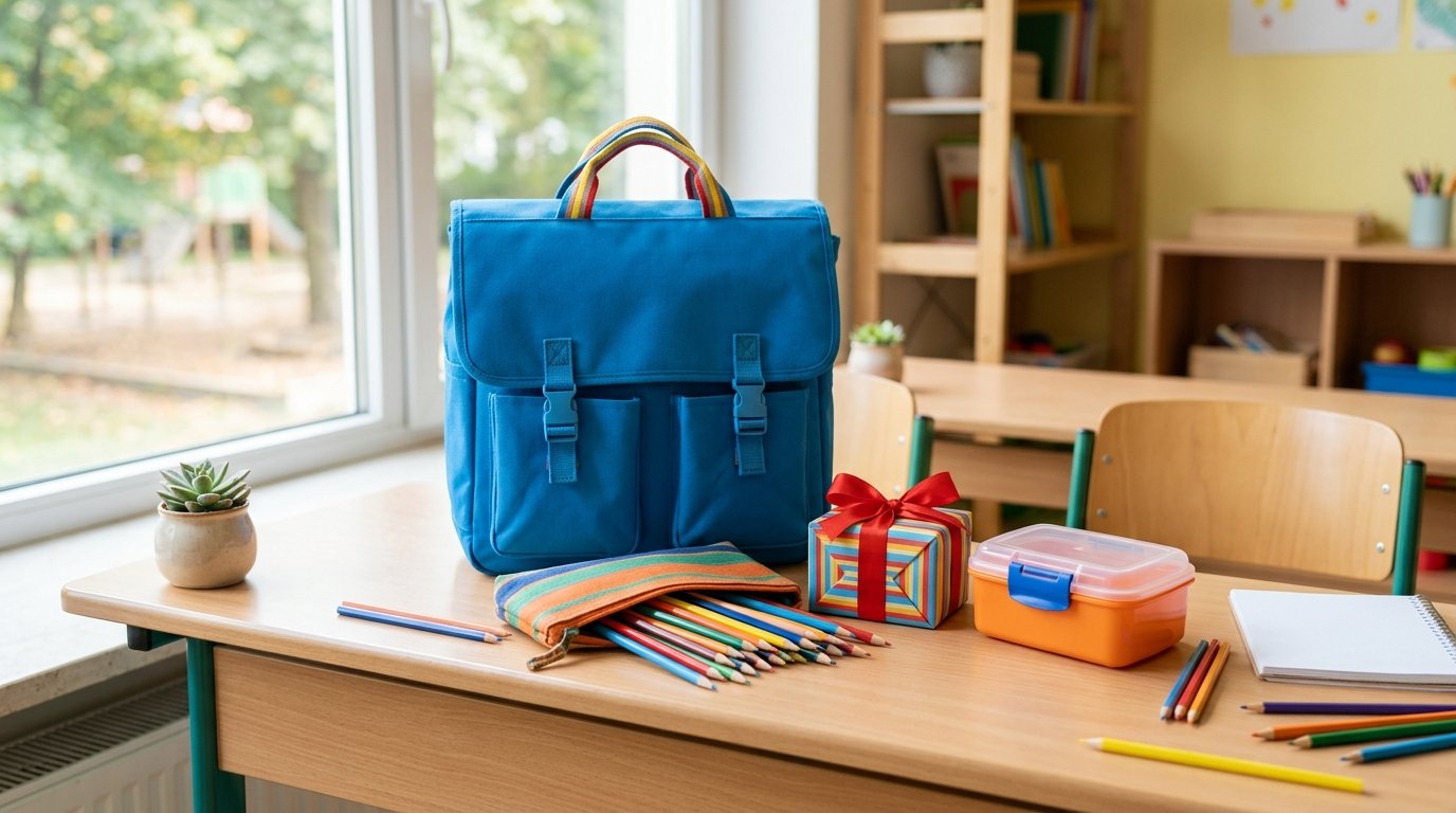 Geschenke für 6-jährige Mädchen: Geschenkpakete, Schulranzen und Buntstifte auf einem hellen Tisch