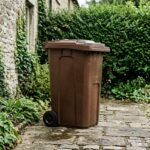 Geschlossene Biotonne im Schatten an einer Hauswand