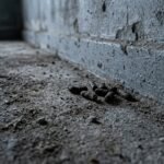 Dunkle Kotkrümel entlang einer Kellerwand auf Betonboden