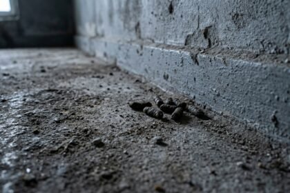 Dunkle Kotkrümel entlang einer Kellerwand auf Betonboden