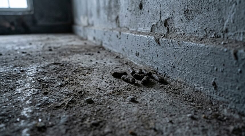 Dunkle Kotkrümel entlang einer Kellerwand auf Betonboden