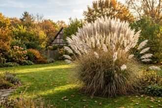 Pampasgras mit weißen Blütenwedeln im herbstlichen Garten