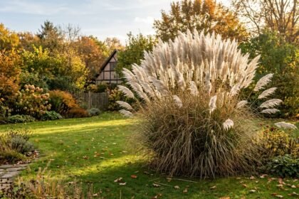 Pampasgras mit weißen Blütenwedeln im herbstlichen Garten