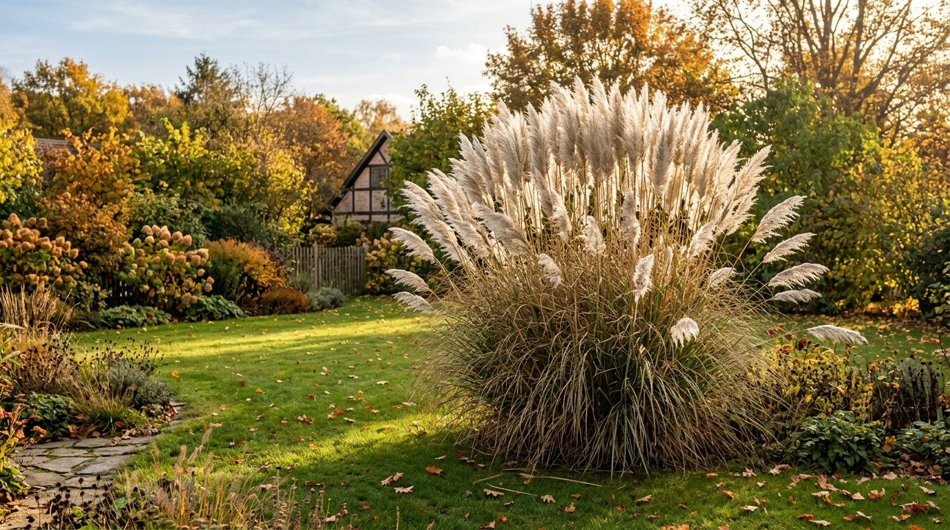 Pampasgras mit weißen Blütenwedeln im herbstlichen Garten